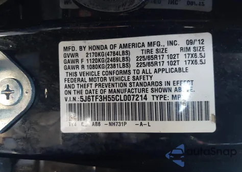 2012 Honda Crosstour 2.4 Ex-L z USA, uszkodzony, nr VIN 5J6TF3H55CL007214